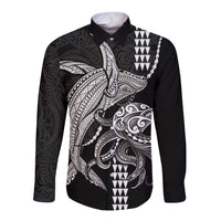 Kanaloa Aloha Hawaii Long Sleeve Button Shirt Humpback Whale Octopus Tattoo Kakau Pattern LT14 Unisex Black - Polynesian Pride