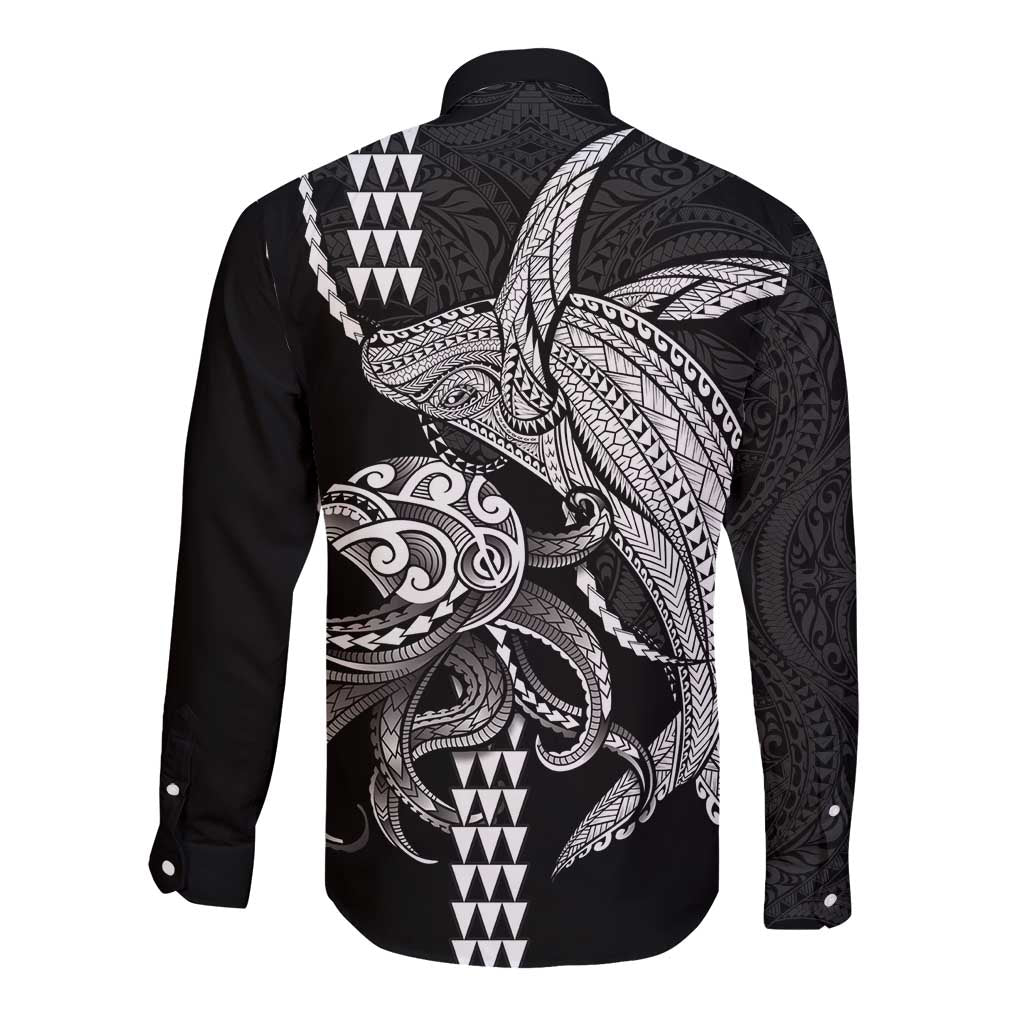 Kanaloa Aloha Hawaii Long Sleeve Button Shirt Humpback Whale Octopus Tattoo Kakau Pattern LT14 - Polynesian Pride