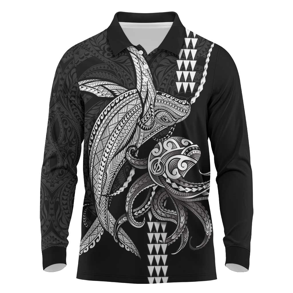 Kanaloa Aloha Hawaii Long Sleeve Polo Shirt Humpback Whale Octopus Tattoo Kakau Pattern LT14 Black - Polynesian Pride