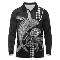 Kanaloa Aloha Hawaii Long Sleeve Polo Shirt Humpback Whale Octopus Tattoo Kakau Pattern LT14 Black - Polynesian Pride