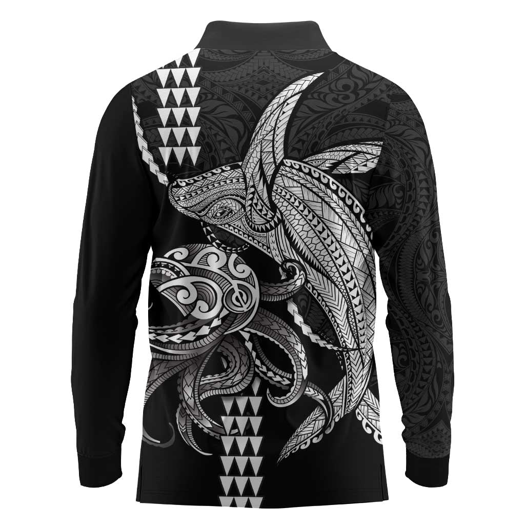 Kanaloa Aloha Hawaii Long Sleeve Polo Shirt Humpback Whale Octopus Tattoo Kakau Pattern LT14 - Polynesian Pride
