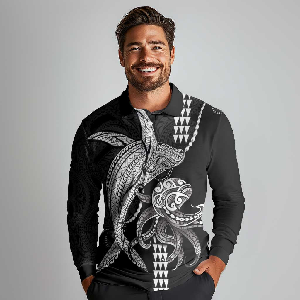 Kanaloa Aloha Hawaii Long Sleeve Polo Shirt Humpback Whale Octopus Tattoo Kakau Pattern LT14 - Polynesian Pride