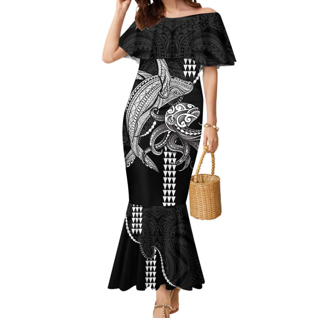 Kanaloa Aloha Hawaii Mermaid Dress Humpback Whale Octopus Tattoo Kakau Pattern LT14 Women Black - Polynesian Pride