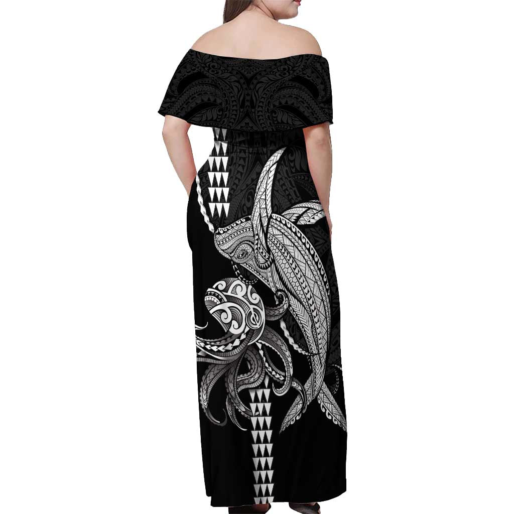 Kanaloa Aloha Hawaii Off Shoulder Maxi Dress Humpback Whale Octopus Tattoo Kakau Pattern LT14 - Polynesian Pride