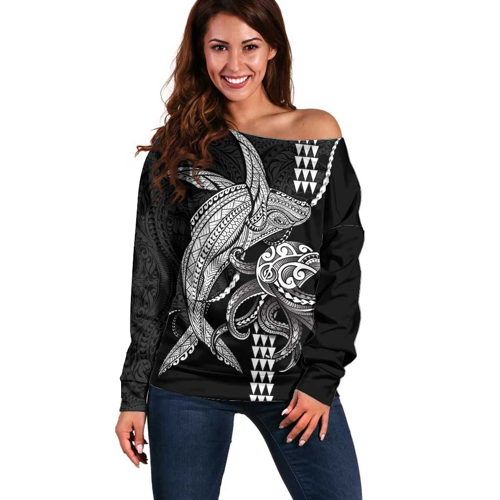 Kanaloa Aloha Hawaii Off Shoulder Sweater Humpback Whale Octopus Tattoo Kakau Pattern LT14 Women Black - Polynesian Pride