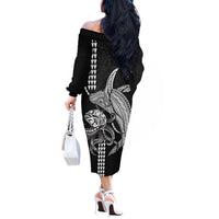 Kanaloa Aloha Hawaii Off The Shoulder Long Sleeve Dress Humpback Whale Octopus Tattoo Kakau Pattern LT14 - Polynesian Pride
