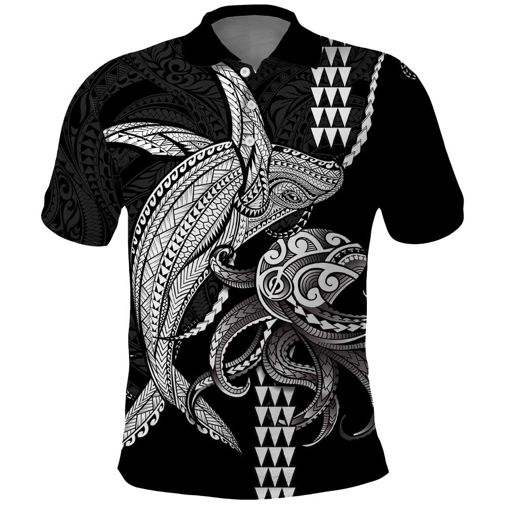 Kanaloa Aloha Hawaii Polo Shirt Humpback Whale Octopus Tattoo Kakau Pattern LT14 Black - Polynesian Pride