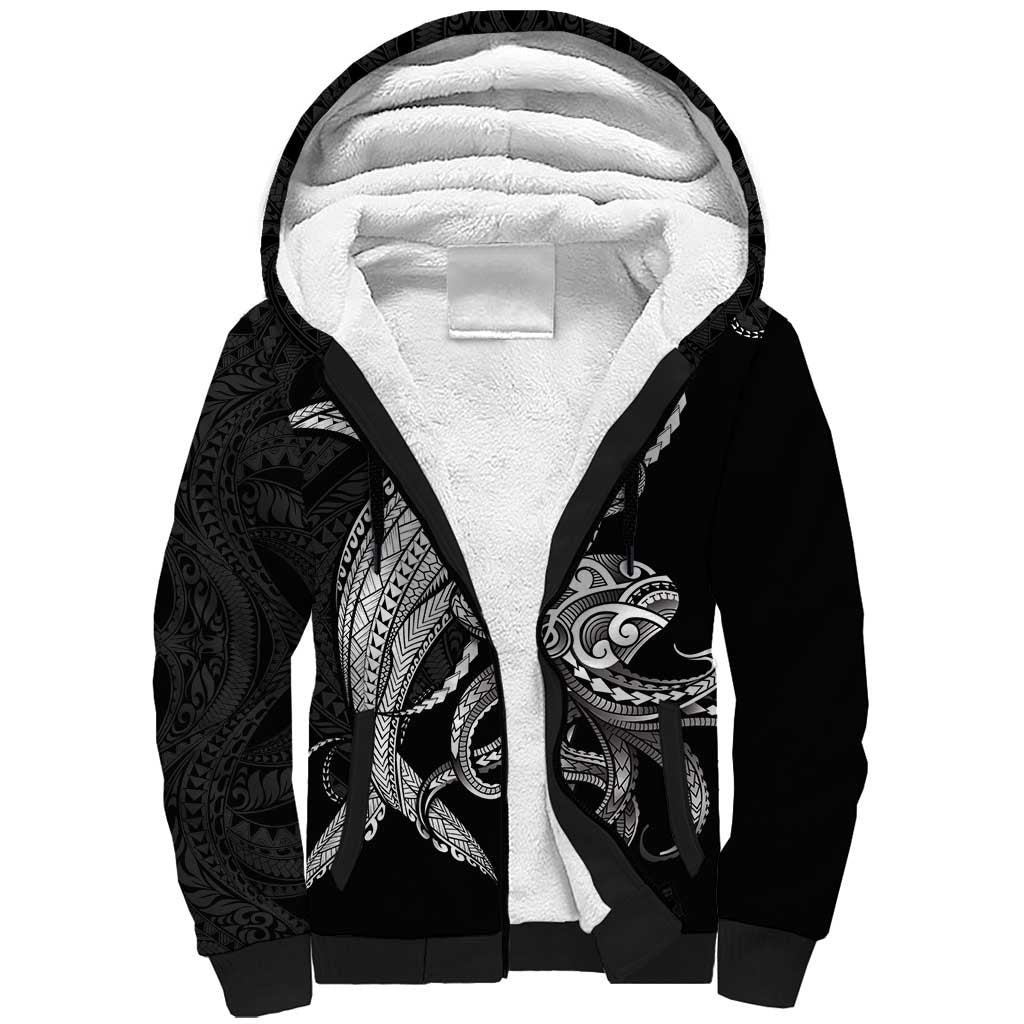 Kanaloa Aloha Hawaii Sherpa Hoodie Humpback Whale Octopus Tattoo Kakau Pattern LT14 Unisex Black - Polynesian Pride