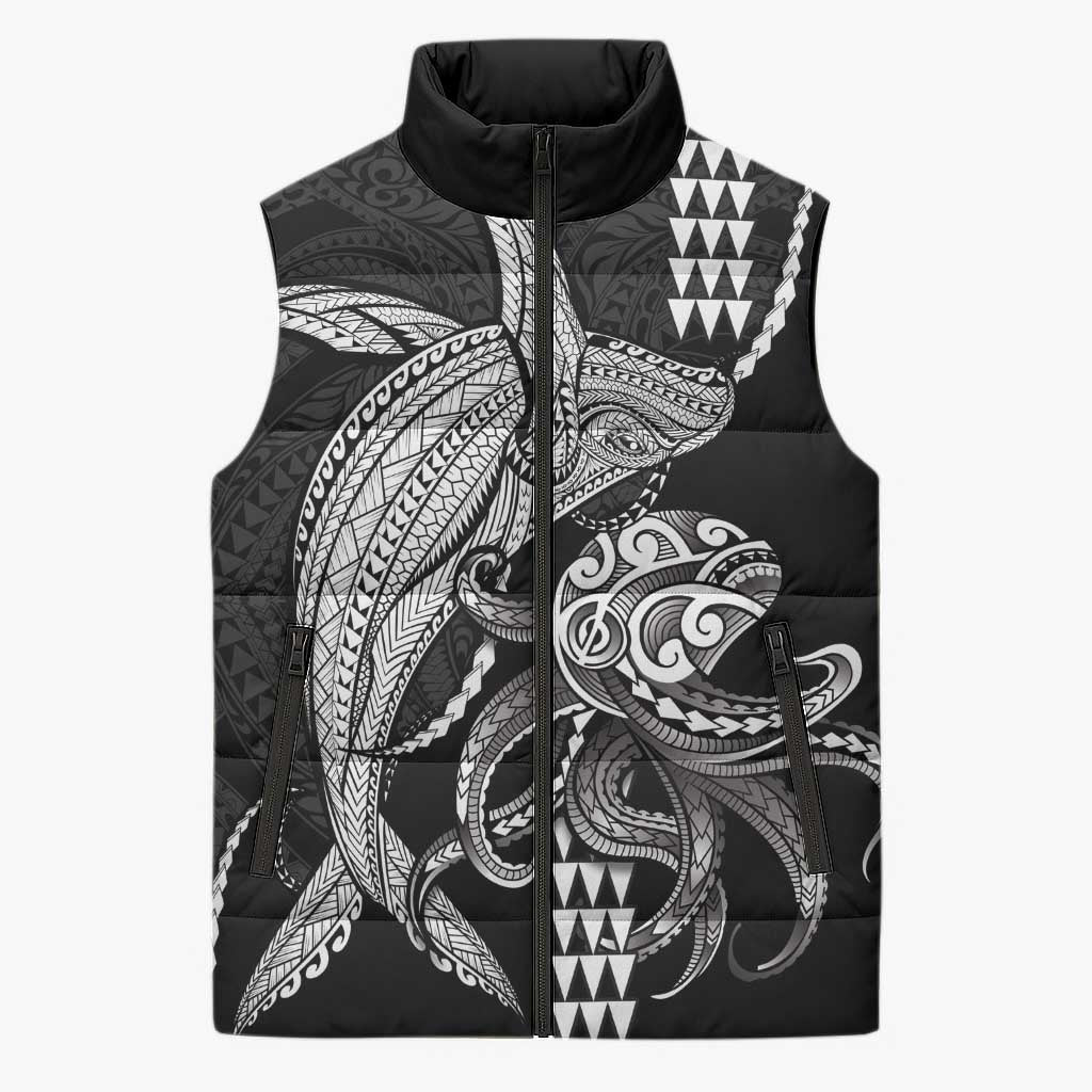 Kanaloa Aloha Hawaii Sleeveless Puffer Jacket Humpback Whale Octopus Tattoo Kakau Pattern LT14 Unisex Black - Polynesian Pride