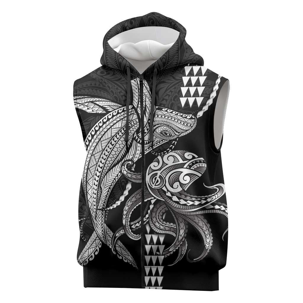 Kanaloa Aloha Hawaii Sleeveless Zip Hoodie Humpback Whale Octopus Tattoo Kakau Pattern LT14 Black - Polynesian Pride