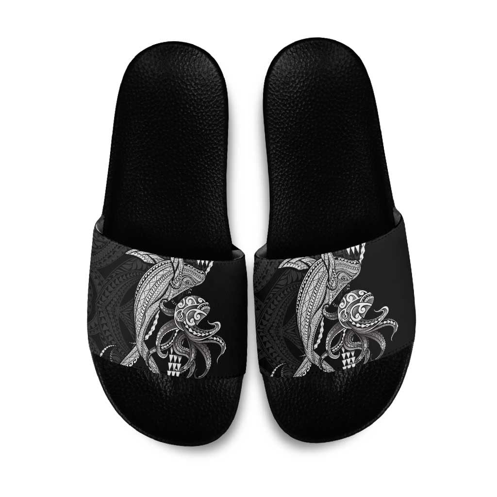 Kanaloa Aloha Hawaii Slide Sandals Humpback Whale Octopus Tattoo Kakau Pattern LT14 Black - Polynesian Pride