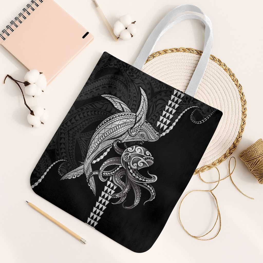 Kanaloa Aloha Hawaii Tote Bag Humpback Whale Octopus Tattoo Kakau Pattern LT14 White Strap One Size Black - Polynesian Pride