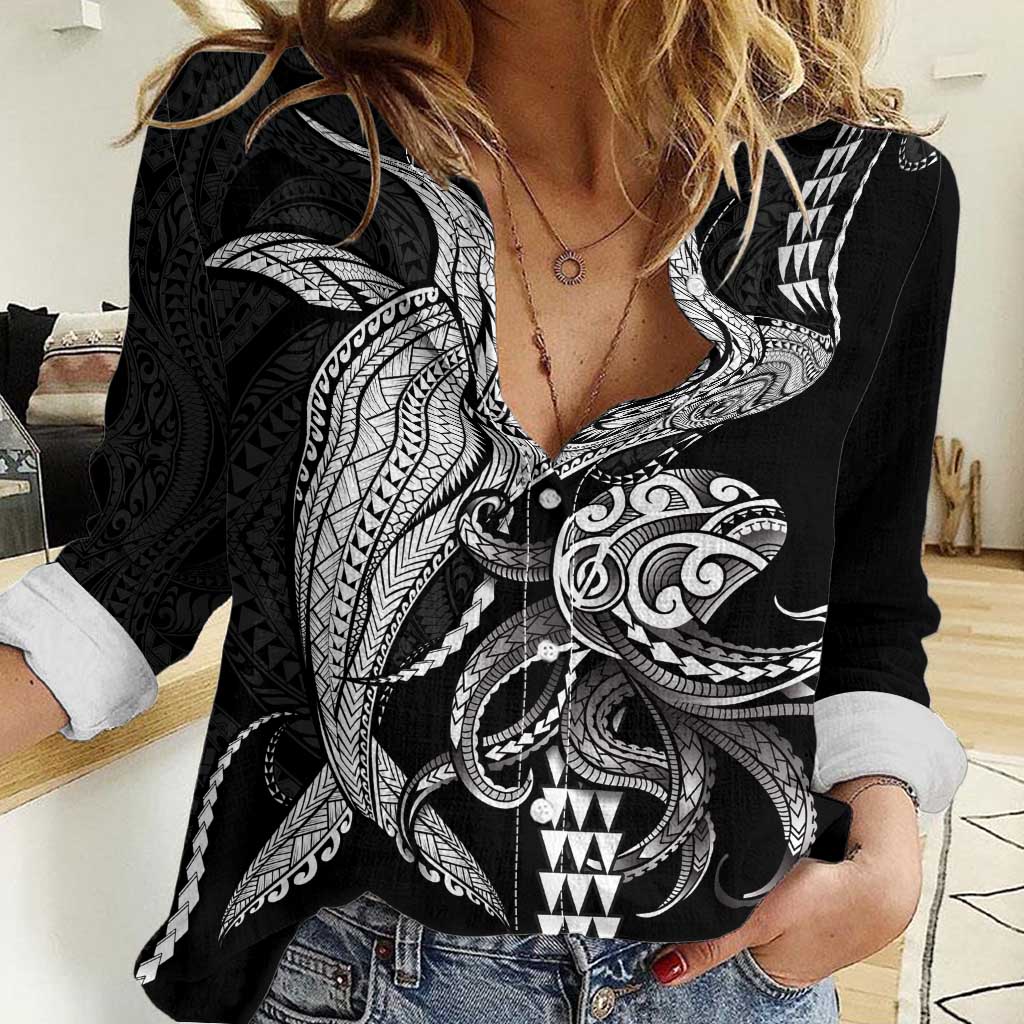 Kanaloa Aloha Hawaii Women Casual Shirt Humpback Whale Octopus Tattoo Kakau Pattern LT14 Female Black - Polynesian Pride