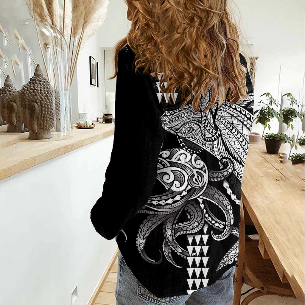 Kanaloa Aloha Hawaii Women Casual Shirt Humpback Whale Octopus Tattoo Kakau Pattern LT14 - Polynesian Pride