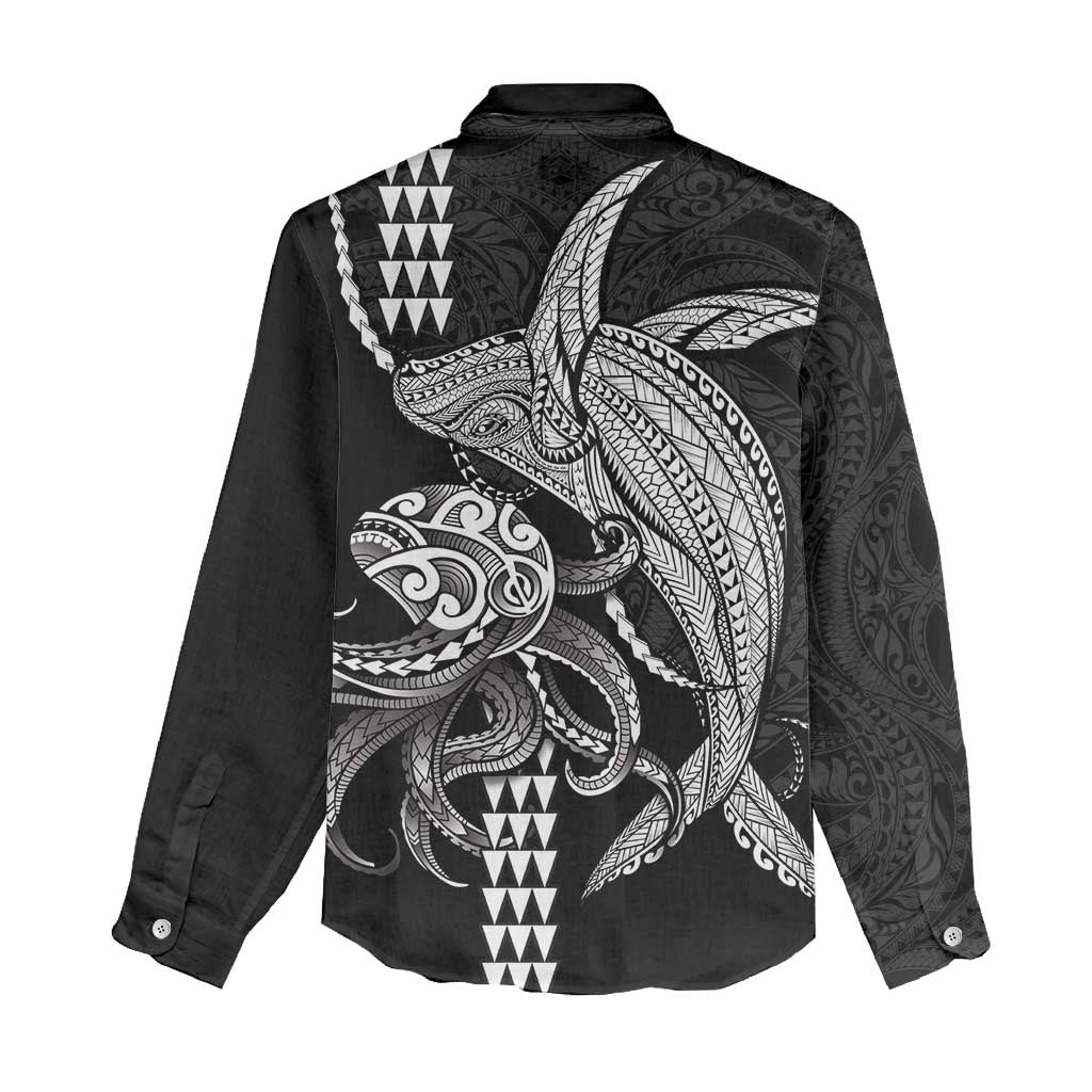Kanaloa Aloha Hawaii Women Casual Shirt Humpback Whale Octopus Tattoo Kakau Pattern LT14 - Polynesian Pride