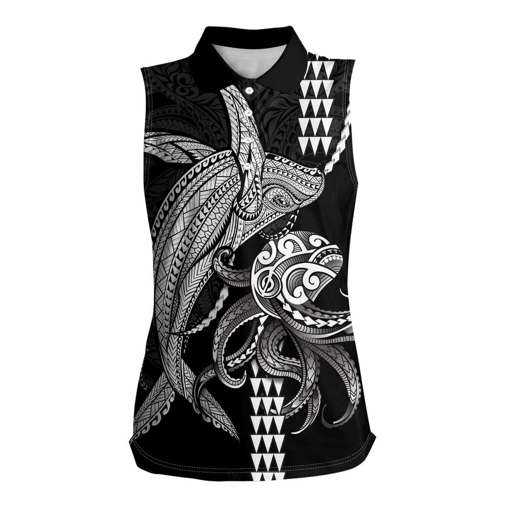 Kanaloa Aloha Hawaii Women Sleeveless Polo Shirt Humpback Whale Octopus Tattoo Kakau Pattern LT14 Female Black - Polynesian Pride