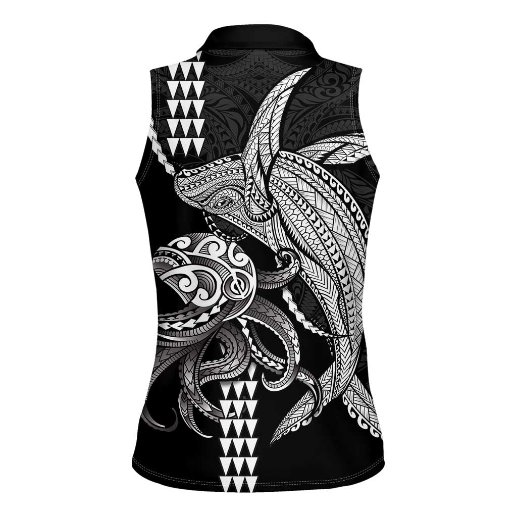 Kanaloa Aloha Hawaii Women Sleeveless Polo Shirt Humpback Whale Octopus Tattoo Kakau Pattern