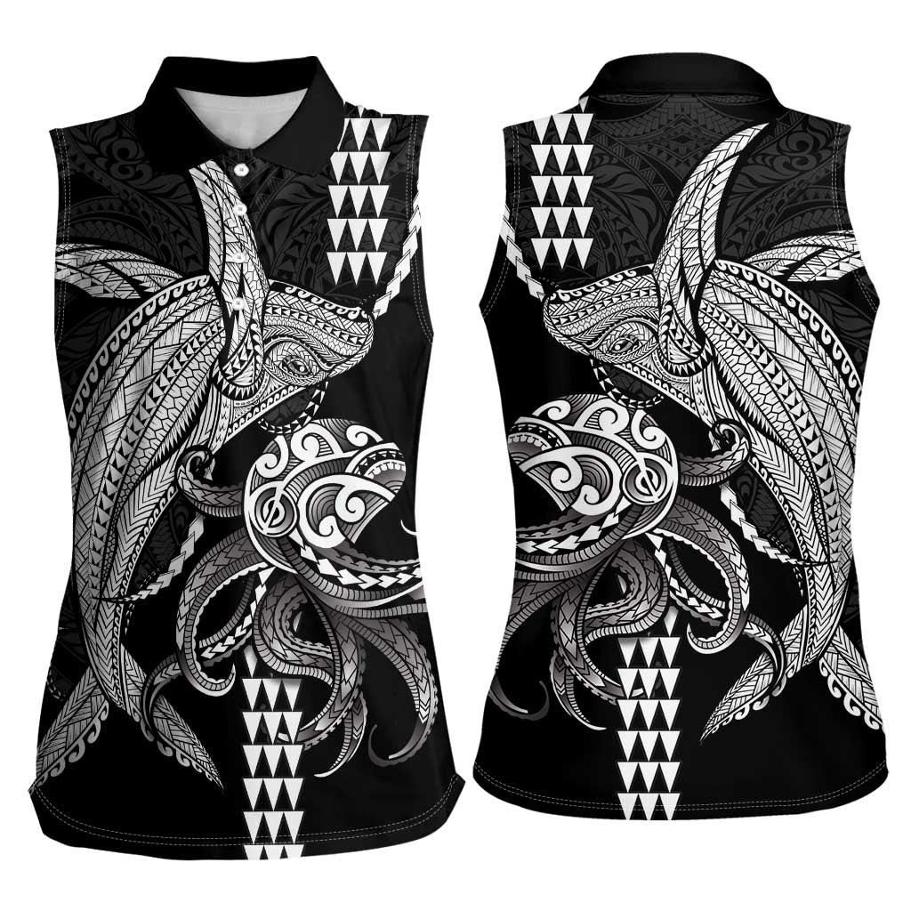 Kanaloa Aloha Hawaii Women Sleeveless Polo Shirt Humpback Whale Octopus Tattoo Kakau Pattern