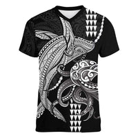 Kanaloa Aloha Hawaii Women V-Neck T-Shirt Humpback Whale Octopus Tattoo Kakau Pattern