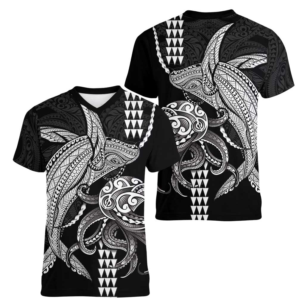 Kanaloa Aloha Hawaii Women V-Neck T-Shirt Humpback Whale Octopus Tattoo Kakau Pattern