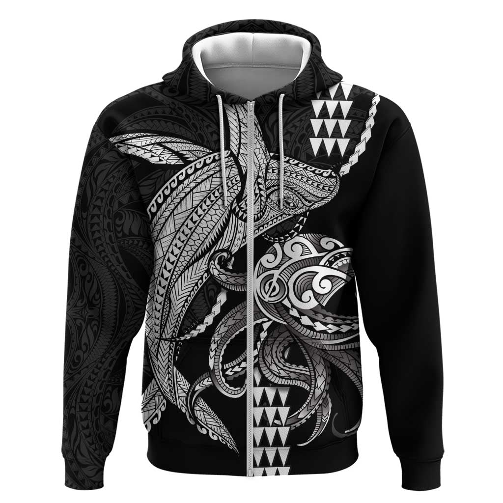 Kanaloa Aloha Hawaii Zip Hoodie Humpback Whale Octopus Tattoo Kakau Pattern LT14 Zip Hoodie Black - Polynesian Pride
