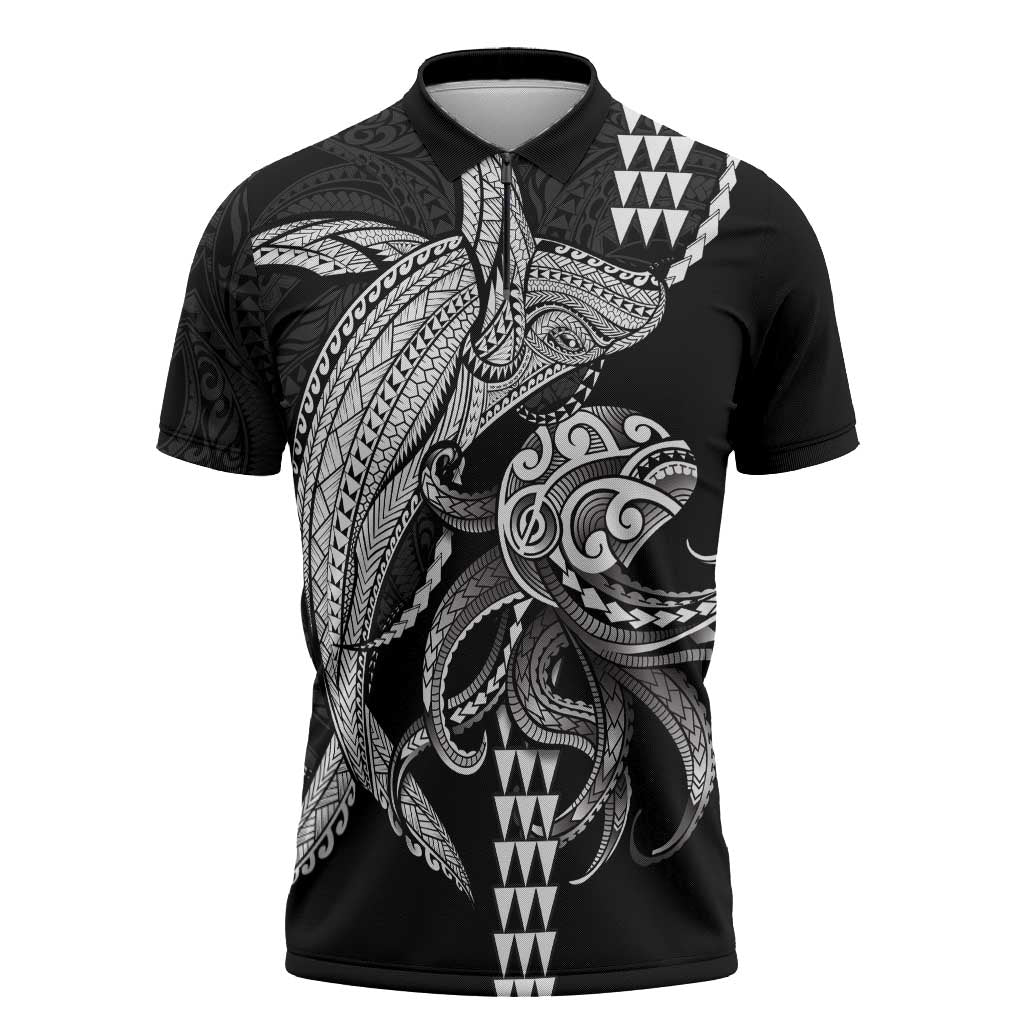 Kanaloa Aloha Hawaii Zipper Polo Shirt Humpback Whale Octopus Tattoo Kakau Pattern LT14 Black - Polynesian Pride