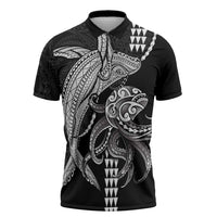 Kanaloa Aloha Hawaii Zipper Polo Shirt Humpback Whale Octopus Tattoo Kakau Pattern LT14 Black - Polynesian Pride