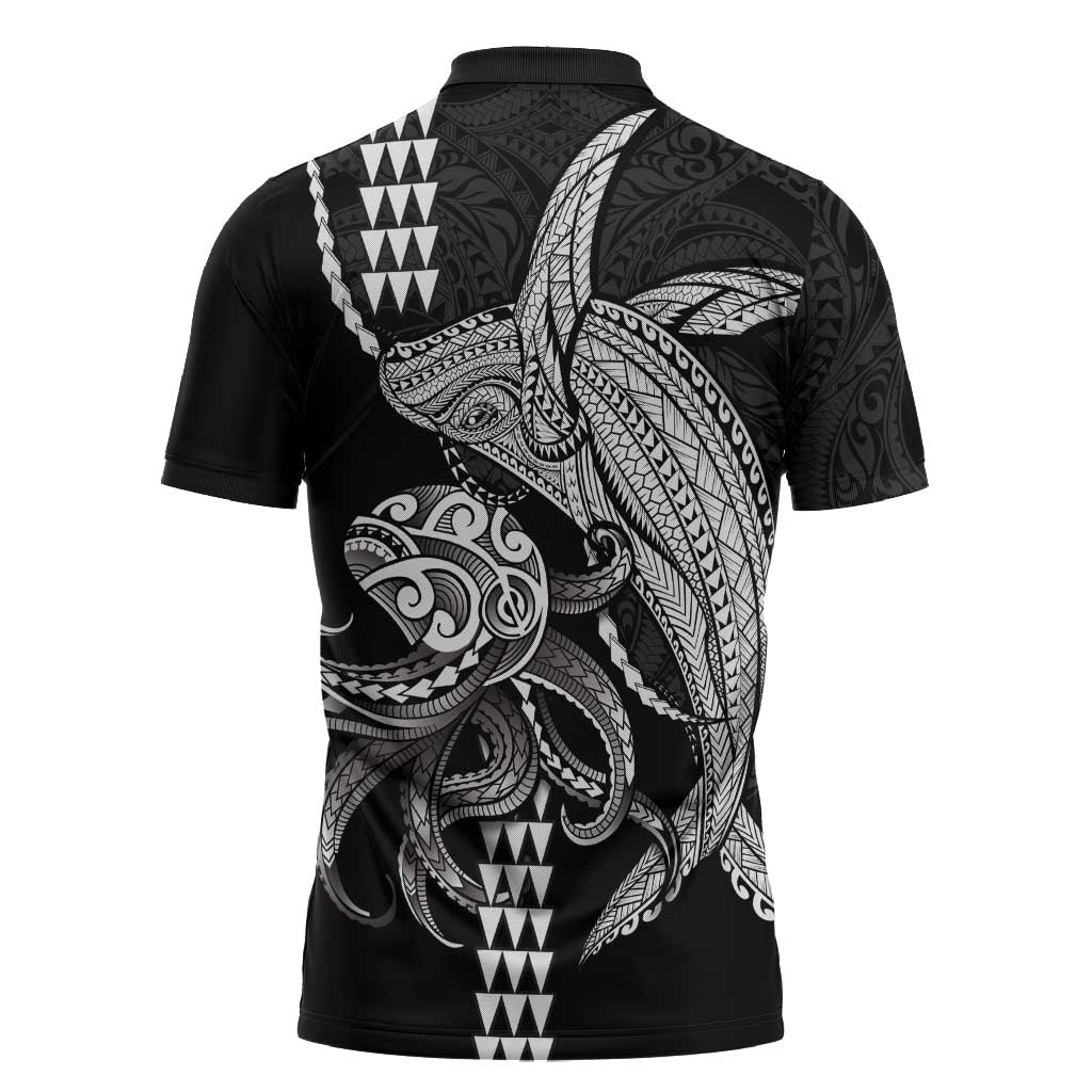 Kanaloa Aloha Hawaii Zipper Polo Shirt Humpback Whale Octopus Tattoo Kakau Pattern LT14 - Polynesian Pride