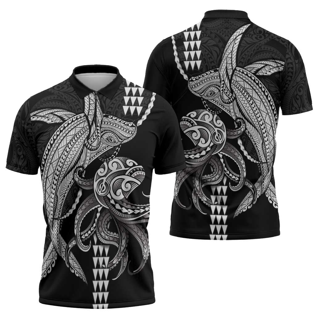 Kanaloa Aloha Hawaii Zipper Polo Shirt Humpback Whale Octopus Tattoo Kakau Pattern LT14 - Polynesian Pride