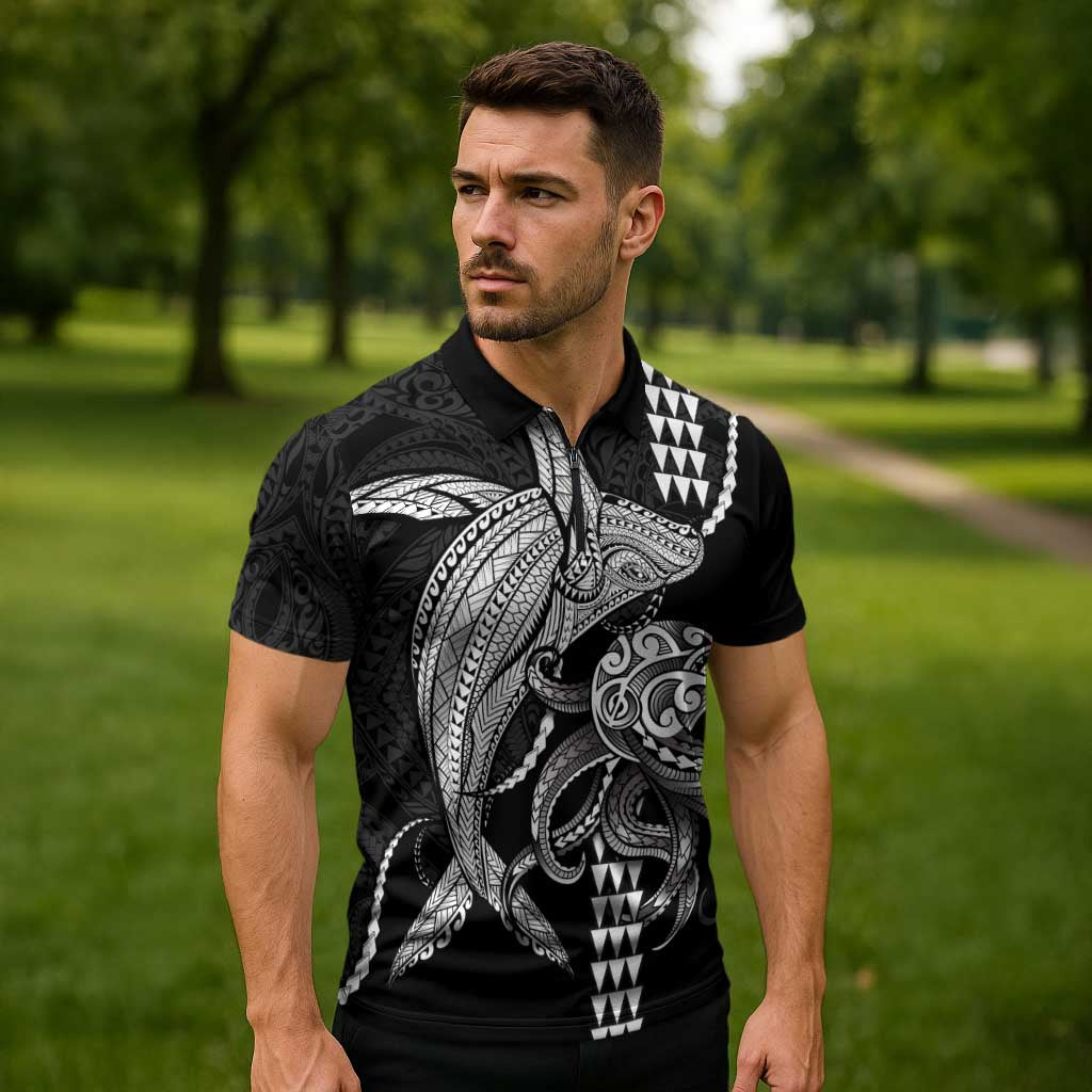 Kanaloa Aloha Hawaii Zipper Polo Shirt Humpback Whale Octopus Tattoo Kakau Pattern LT14 - Polynesian Pride