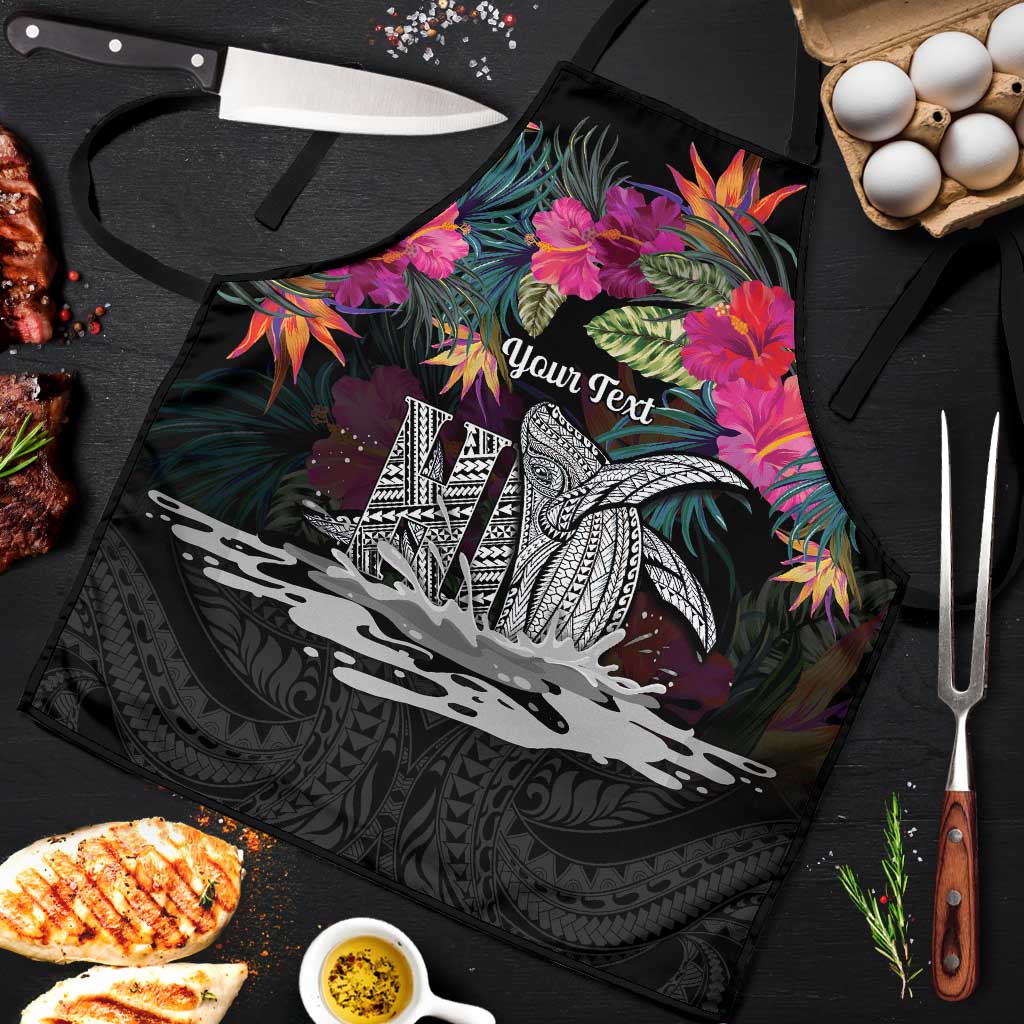 Personalised Hawaii Apron Humpback Whale Tattoo With Tropical Flowers Black LT14 Black - Polynesian Pride