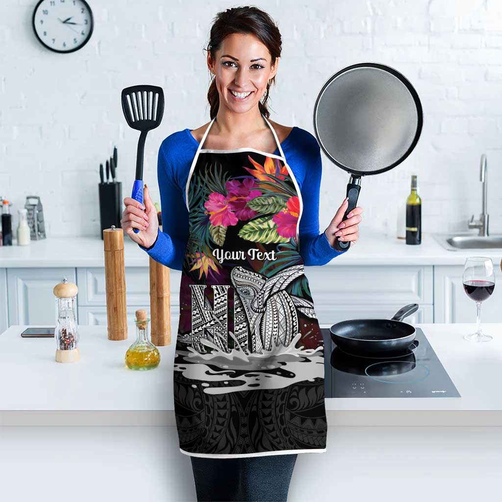 Personalised Hawaii Apron Humpback Whale Tattoo With Tropical Flowers Black LT14 - Polynesian Pride