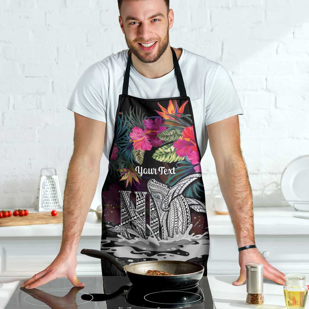 Personalised Hawaii Apron Humpback Whale Tattoo With Tropical Flowers Black LT14 - Polynesian Pride
