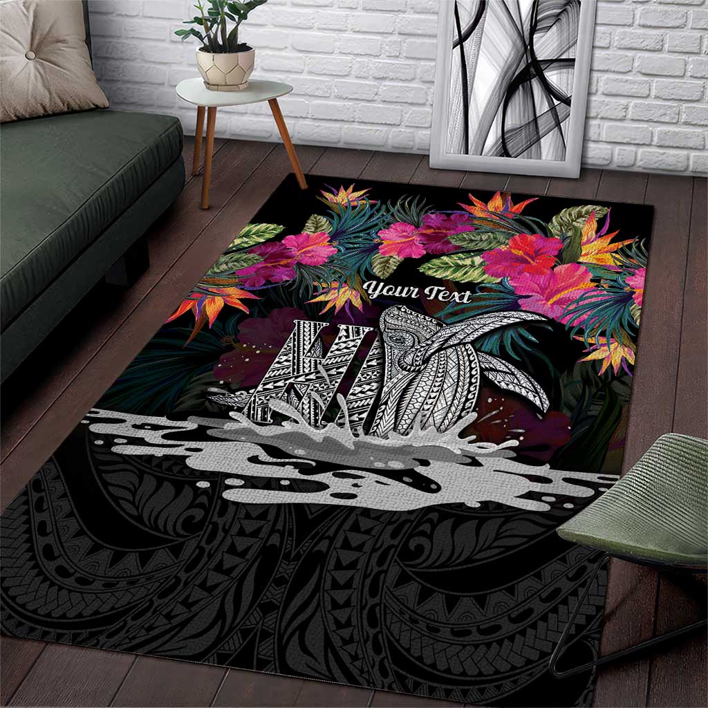 Personalised Hawaii Area Rug Humpback Whale Tattoo With Tropical Flowers Black