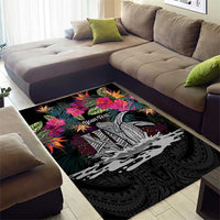 Personalised Hawaii Area Rug Humpback Whale Tattoo With Tropical Flowers Black