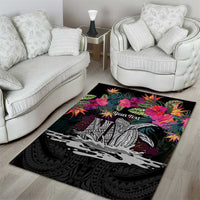 Personalised Hawaii Area Rug Humpback Whale Tattoo With Tropical Flowers Black