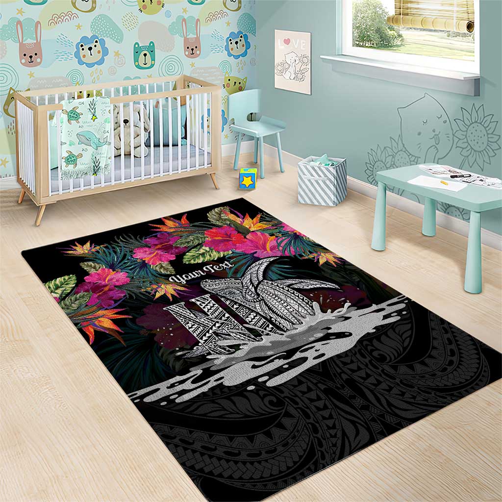 Personalised Hawaii Area Rug Humpback Whale Tattoo With Tropical Flowers Black