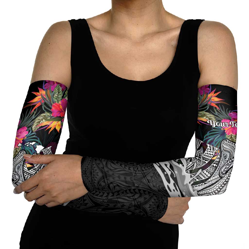 Personalised Hawaii Arm Sleeves Humpback Whale Tattoo With Tropical Flowers Black LT14 - Polynesian Pride