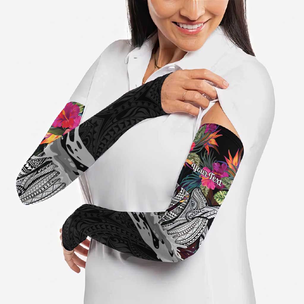 Personalised Hawaii Arm Sleeves Humpback Whale Tattoo With Tropical Flowers Black LT14 - Polynesian Pride