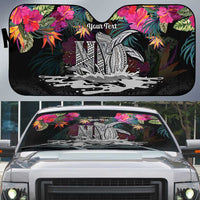 Personalised Hawaii Auto Sun Shade Humpback Whale Tattoo With Tropical Flowers Black LT14 Black - Polynesian Pride