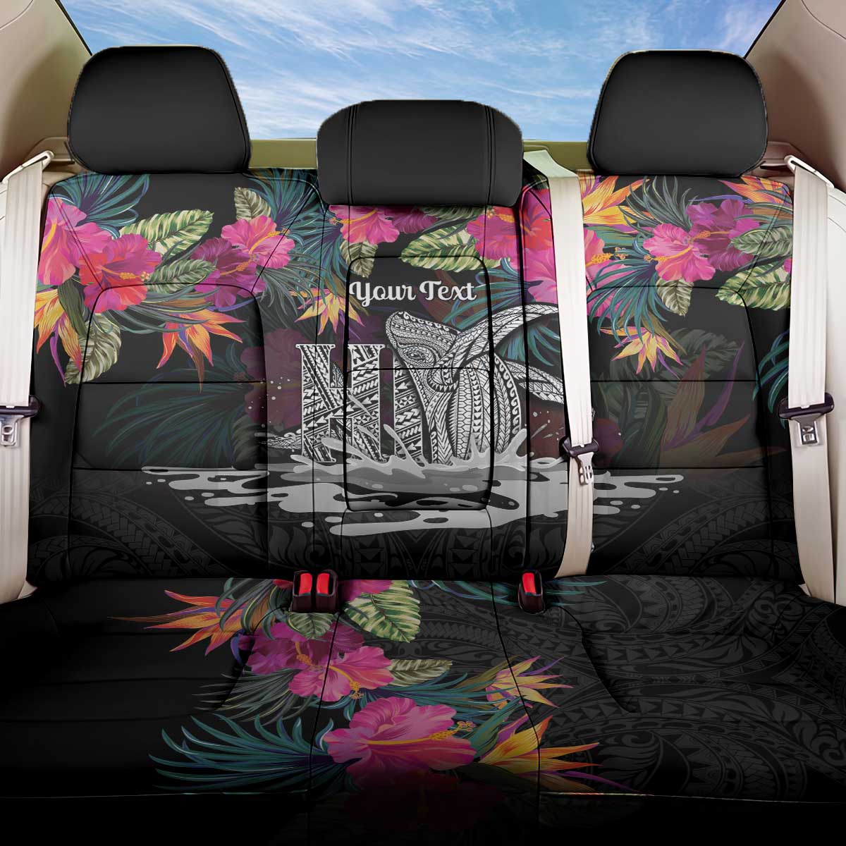 Personalised Hawaii Back Car Seat Cover Humpback Whale Tattoo With Tropical Flowers Black