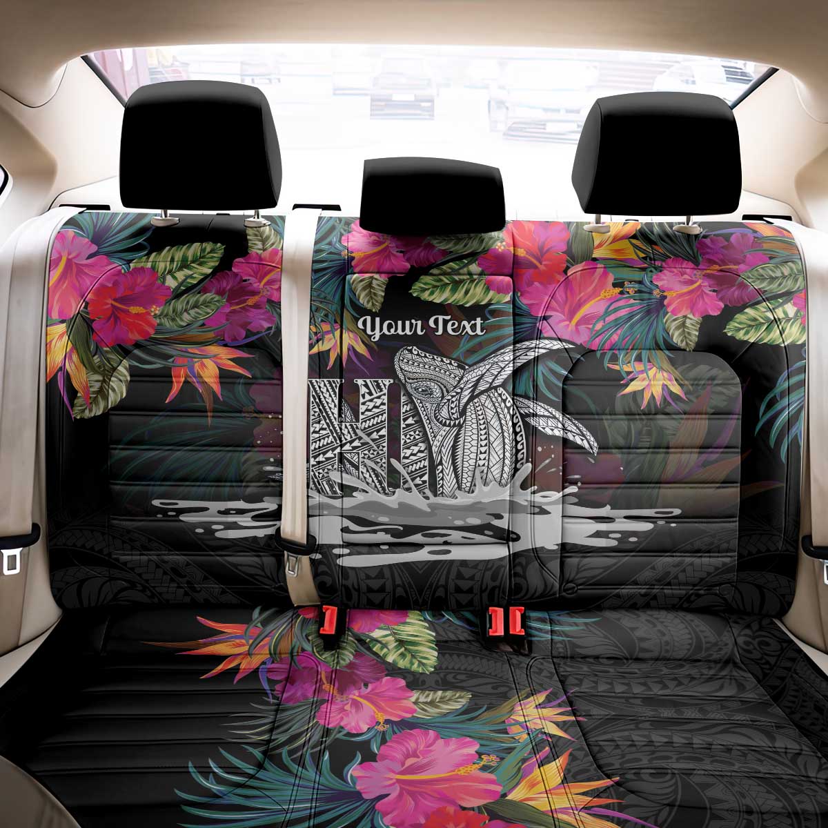 Personalised Hawaii Back Car Seat Cover Humpback Whale Tattoo With Tropical Flowers Black