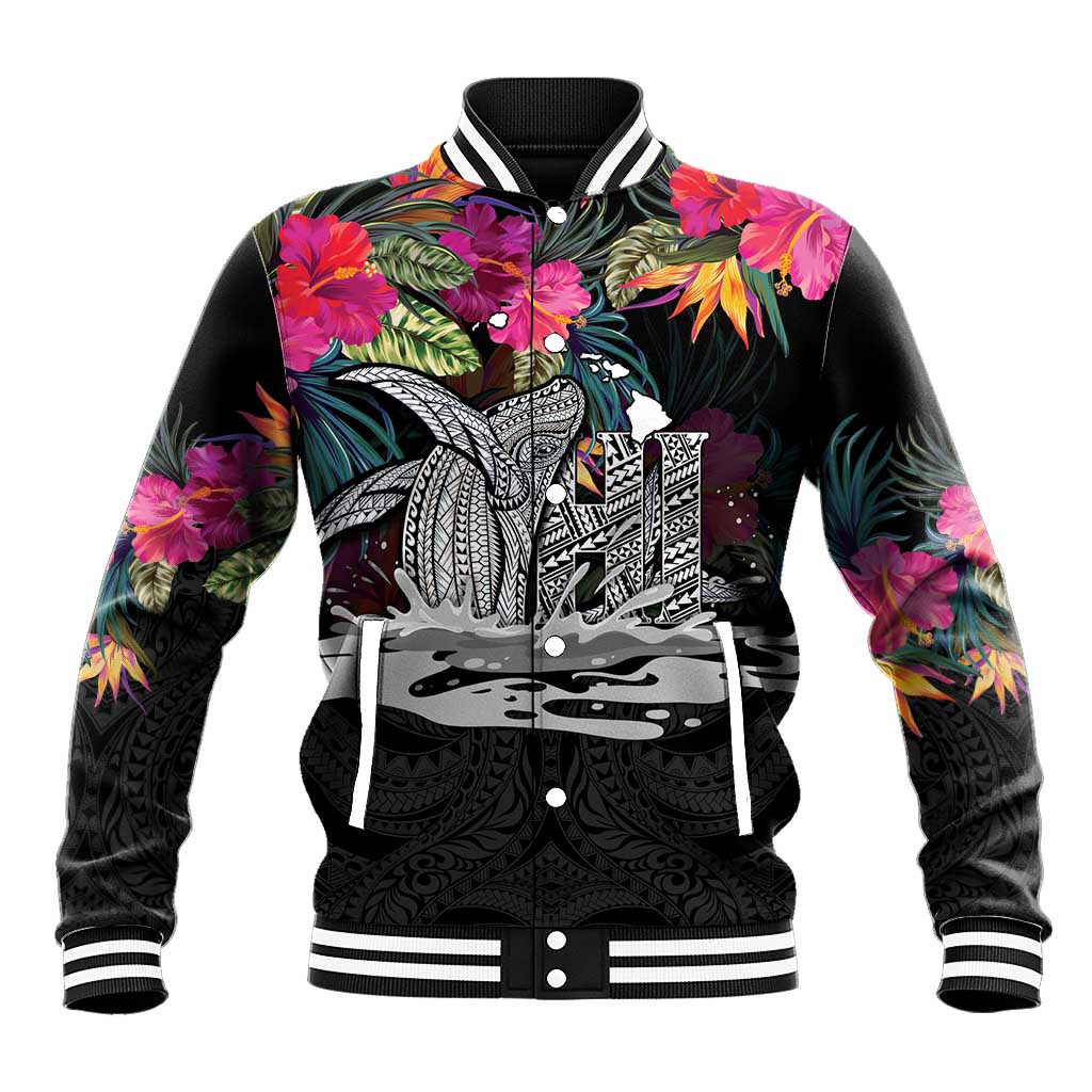 Personalised Hawaii Baseball Jacket Humpback Whale Tattoo With Tropical Flowers Black