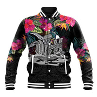 Personalised Hawaii Baseball Jacket Humpback Whale Tattoo With Tropical Flowers Black