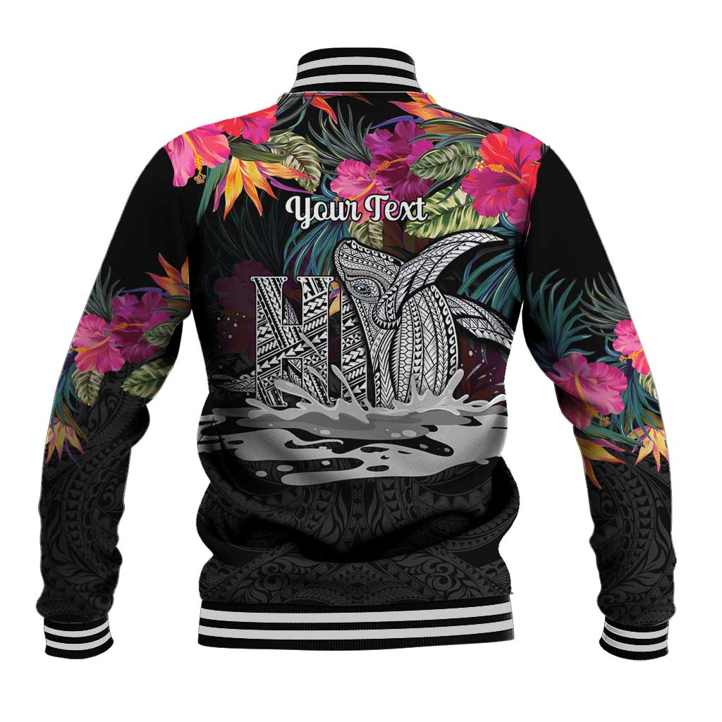 Personalised Hawaii Baseball Jacket Humpback Whale Tattoo With Tropical Flowers Black