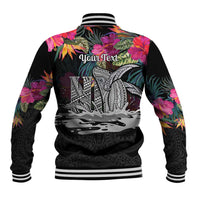 Personalised Hawaii Baseball Jacket Humpback Whale Tattoo With Tropical Flowers Black