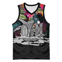 Personalised Hawaii Basketball Jersey Humpback Whale Tattoo With Tropical Flowers Black LT14 Unisex Black - Polynesian Pride