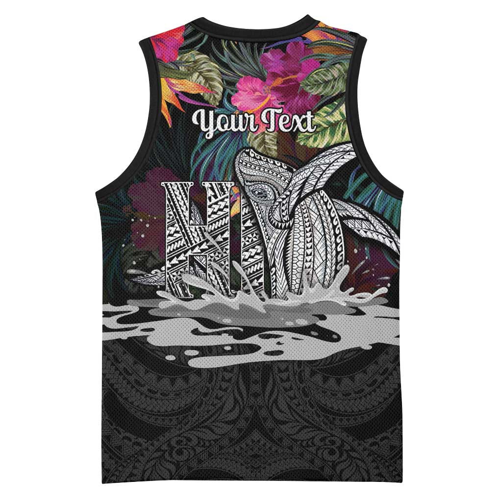 Personalised Hawaii Basketball Jersey Humpback Whale Tattoo With Tropical Flowers Black LT14 - Polynesian Pride