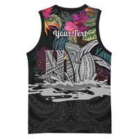 Personalised Hawaii Basketball Jersey Humpback Whale Tattoo With Tropical Flowers Black LT14 - Polynesian Pride