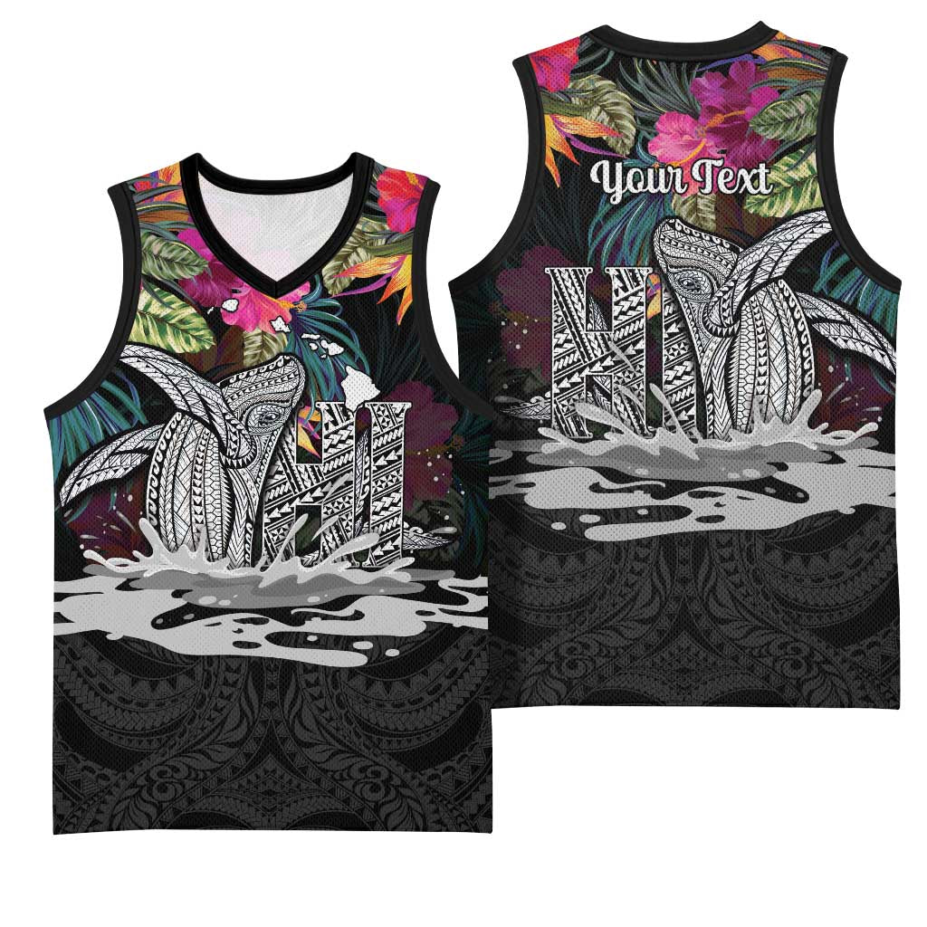 Personalised Hawaii Basketball Jersey Humpback Whale Tattoo With Tropical Flowers Black LT14 - Polynesian Pride